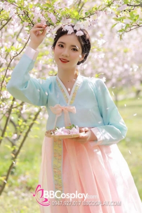 Trang Phục Hanbok Hàn Quốc Áo Xanh Váy Hồng Cam Pastel