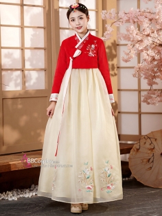 Hanbok Áo Đỏ Cổ Thêu Váy Voan Vàng Thêu Hoa