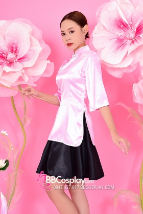 Sườn Xám Hồng Váy Đen Vải Phi Dầy