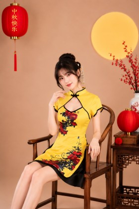 Qiloli Vàng - Sườn Xám Vàng Váy Đen