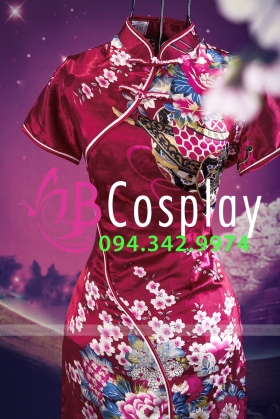 Sườn Xám Đỏ Đô Bách Hoa Ngắn