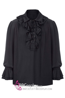 Áo Sơ Mi Đen Nam Tước Cổ Bèo Quý Tộc Cổ Điển