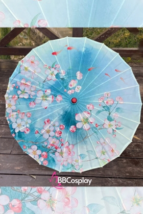 Dù Vải Cổ Phong Nền Xanh Dương Hoa Và Cá Vàng