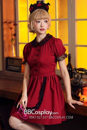 Váy Hoá Trang Nữ Hầu Gái Dơi Đỏ Phối Ren Đen