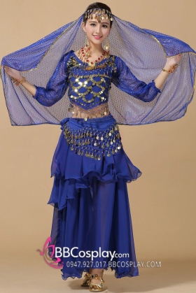 Trang Phục Cô Dâu Ấn Độ Xanh Đậm Tay Dài Kim Sa