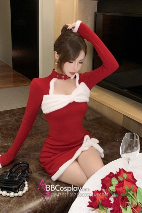 Váy Noel Tay Dài Khoét Cổ Phối Nơ Trắng