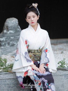 Áo Yukata Tuyết Trắng Cúc Đỏ Tặng Kèm Thắt Lưng