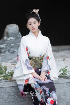 Áo Yukata Tuyết Trắng Cúc Đỏ Tặng Kèm Thắt Lưng