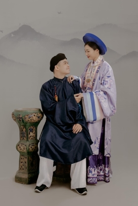 Trang Phục Cặp Đôi Việt Phục Ngũ Thân Xanh Và Nhật Bình Tím