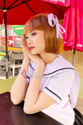 Tóc Giả Màu Cam Đào Ngắn Ngang Vai Mái Ngang - Ảnh Thật