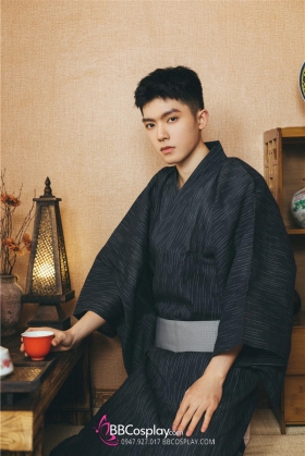 Nagagi Nam Đen Sọc Thắt Lưng Xám - Yukata Trấn Vũ