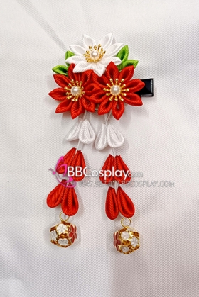 Kanzashi Nhật Bản 3 Hoa Đỏ Trắng - Loại 2 Dây Hoa