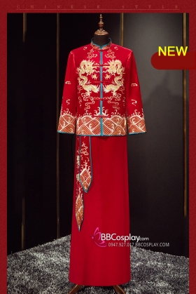 Trang Phục Tân Lang - Mẫu Đỏ Thêu Rồng Vàng Và Sóng Biển Viền Xanh Dương