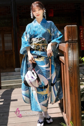 Furisode Kimono Zashu Tazo - Xanh Sóng Biển Và Đàn Hạc