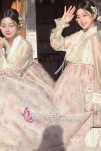 Hanbok Hàn Quốc Hiện Đại Áo Trắng Váy Hoa