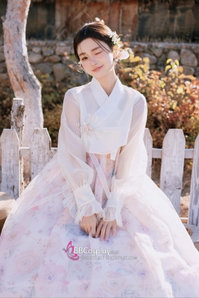Hanbok Hàn Quốc Hiện Đại Áo Trắng Váy Hoa