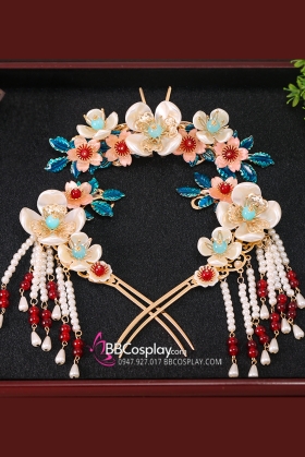 Bộ 3 Món Trâm Cài Hoa Phi Tone Trắng Xanh