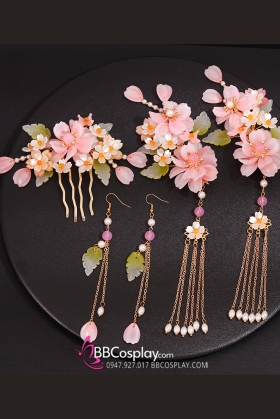 Bộ 5 Món Trâm Cài Hán Phục Tone Hồng Pastel Hồng Anh