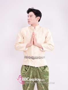 Trang Phục Nam Thái Tone Xanh Lá - Áo Kem Quần Xanh Gấm