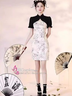 Sườn Xám Hiện Đại Dáng Ngắn Đen Trắng In Cành Trúc