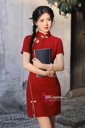 Sườn Xám Đỏ Dáng Ngắn Viền Vàng Cúc Ngọc Đỏ