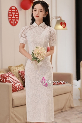 Sườn Xám Trắng Ren Dáng Dài Trắng Tinh Khôi Cho Nàng Dâu