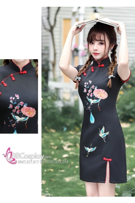 Sườn Xám Hiện Đại Dáng Ngắn Màu Đen Viền Đỏ