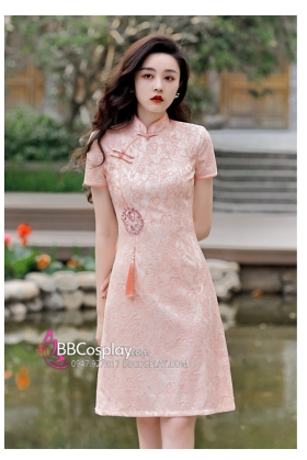 Sườn Xám Ren Hiện Đại Dáng Ngắn Kèm Tua Rua - Màu Cam