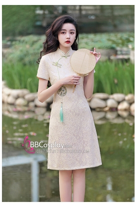 Sườn Xám Ren Hiện Đại Dáng Ngắn Kèm Tua Rua - Màu Kem