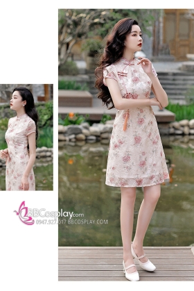 Sườn Xám Hiện Đại Dáng Chữ A Ren Hoa Hồng - Toen Màu Hồng Nhạt