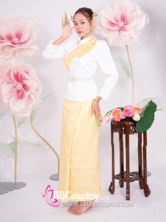 Trang Phục Khmer Áo Trắng Tay Phồng Váy Gấm Vàng Kèm Khăn Vai
