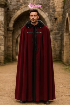 Áo Choàng Trung Cổ Vải Nhung Kèm Nón Trùm - Màu Đỏ Đô Viền Lông