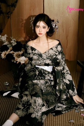 Áo Yukata Đen Hoa Trắng Xám - Mẫu Tay Ngắn