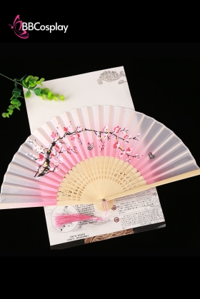 Uchiwa Quạt Vải Nhật Bản Nền Hồng Nhánh Đào Lớn