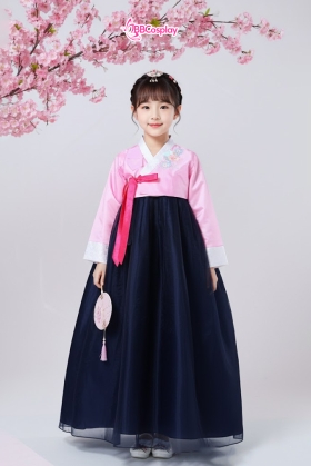 Hanbok Bé Gái Thêu Hoa Áo Hồng Váy Xanh Đậm