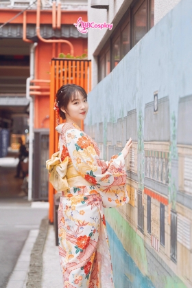 Áo Yukata Vàng Kem Hoa Cúc Đỏ