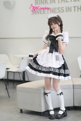 Trang Phục Nàng Hầu Cổ Lá Sen Kèm Tạp Dề Caro - Màu Đen