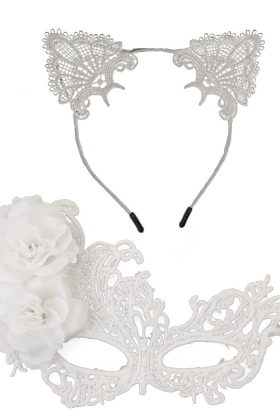 Mặt Nạ Nửa Mặt Ren Kèm Tai Mèo - Màu Trắng