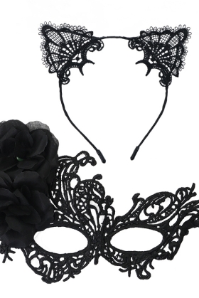 Mặt Nạ Nửa Mặt Ren Kèm Tai Mèo - Màu Đen