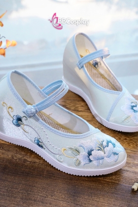 Giày Xanh Dương Thêu Hoa Đế Cao 6Cm Quai Cài Ngang