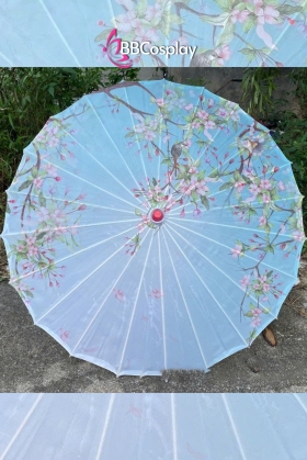 Dù Vải Cổ Trang Xanh Nhánh Hoa Đào Trắng