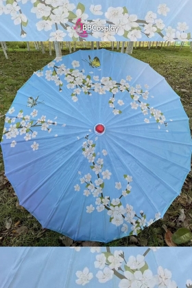 Dù Vải Cổ Trang Xanh Hoa Đào Trắng