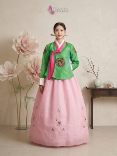 Hanbok HQ Cổ Trang Đẹp Áo Xanh Lá Váy Hồng Thêu Hoa