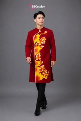 Áo Dài Nam Cách Tân Đỏ Vẽ Tay Hoa Sen
