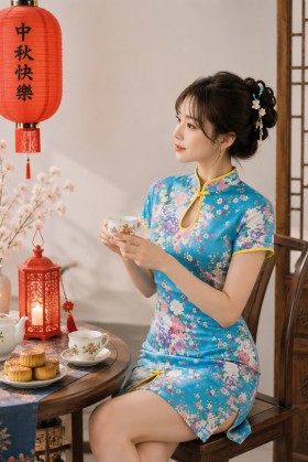 Sườn Xám Xanh Tay Ngắn Khoét Cổ Giọt Nước