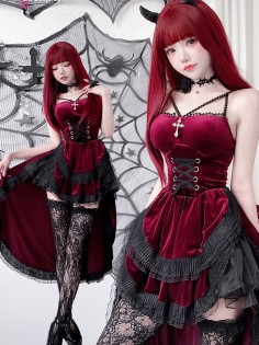 Bộ Cosplay Gothic Vampire Nhung Rượu Đỏ Cúp Ngực Thắt Nơ