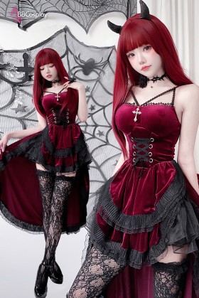 Bộ Cosplay Gothic Vampire Nhung Rượu Đỏ Cúp Ngực Thắt Nơ