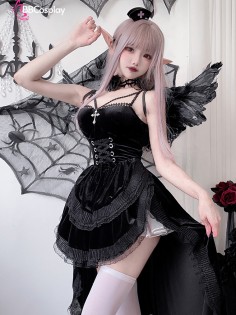 Bộ Cosplay Gothic Vampire Nhung Rượu Đen Cúp Ngực Thắt Nơ