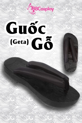 Guốc Gỗ Geta Bản Gỗ Đen Đế Thấp Quai Đen