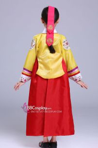 Hanbok Bé Gái Chuẩn Hàn Quốc Áo Vàng Váy Đỏ